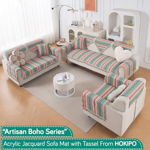 Image of HOKIPO 'Artisan Boho Series' Sofa Cover Mat with Tassel | 450 GSM Cotton Acrylic Jacquard for 2 Seater Sofa, Mint Green (IN-902-A7*S)