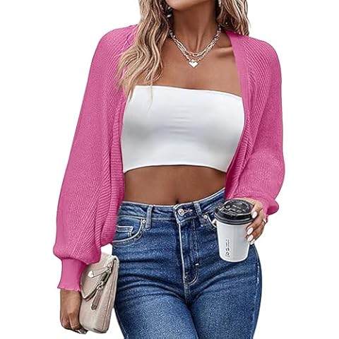 MURMUREY Womens Open Front Cropped Cardigan Sweaters Long Sleeve Knit Casual Oversized Bolero Shrug Cardigans Hot Pink Cover