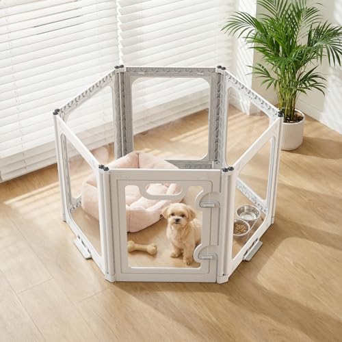 Small Dog Playpen Indoor, Clear Dog Play Pen Indoors (White, 24 Inch High, 6 Panels)