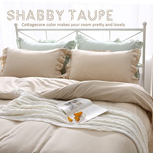 K Masaniji Khaki Ruffle Duvet Cover Set Queen 3 Pieces, Cotton Farmhouse Cottage Vintage Shabby And Chic Bedding Set (Queen, Shabby Taupe) #TOP2