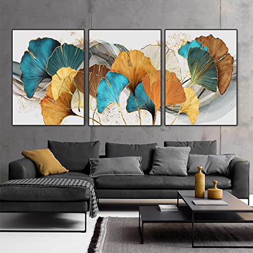 Toile de peinture fleur bleu vert or au rendu artistique raffiné pour grand mur
