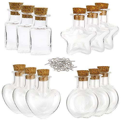 SUPERLELE 32pcs 10ml 4 Shapes Mini Glass Jars Bottles with Cork Stopper, 32pcs Eye Screws