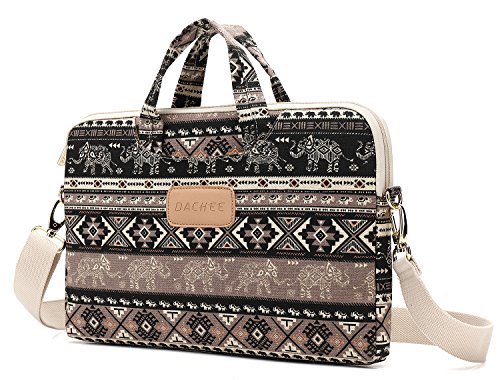 DACHEE Khaki Elephant Patten Canvas Laptop Shoulder Messenger Bag Case Sleeve for 14