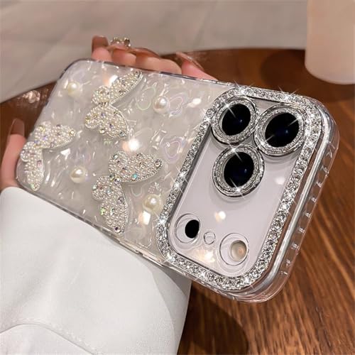 Coque iPhone 15 paillettes anti-rayure caméra avec cache papillon