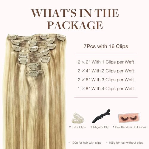 GOO GOO Clip in Human Hair Extensions, 24inch 120g 7pcs, Hair Extensions Clip in, 16/22A Light Highlight Golden Blonde - Image 2