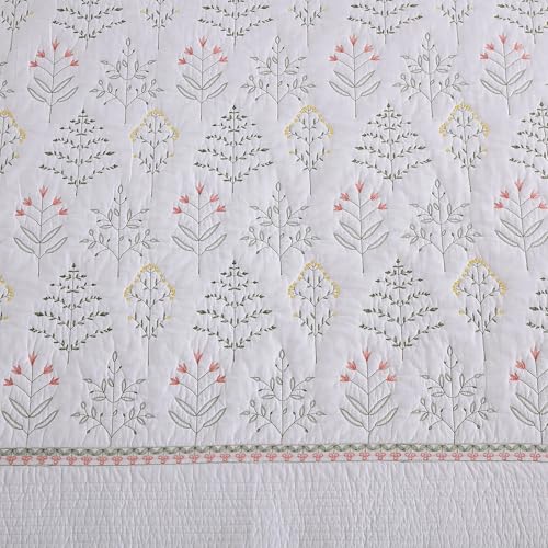 MarCielo 3-Piece 100% Cotton Oversized Bedspread Lightweight Quilt Coverlet Embroidery Farmhouse Bedding Set(TL Floral White,Oversized Queen (100"x106"))