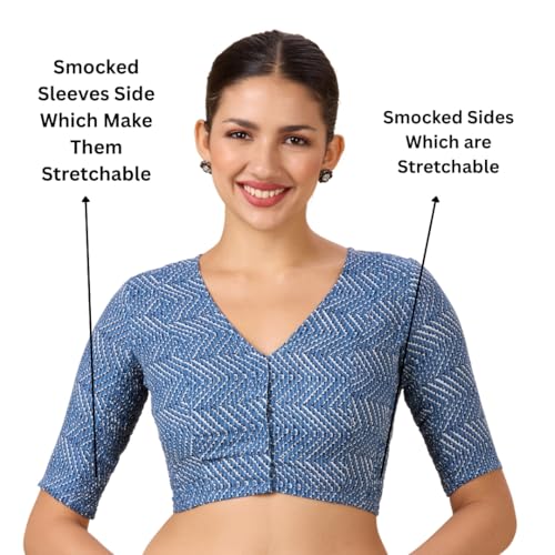 Image of Studio Shringaar Women Cotton Half Sleeve Blue Pottery Printed Saree Blouse with Stretchable Sides