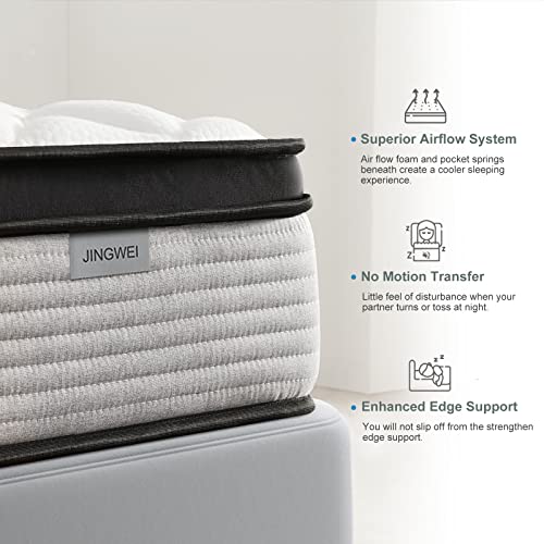JINGWEI Queen Mattress, 12 Inch Innerspring Hybrid Mattress in a Box, Individually Pocket Coils for Motion Isolation & Cool Sleep, Queen Bed for Back Pain, Medium Firm, Gray