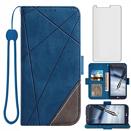 Compatible with LG Stylo 3 Stylo3 Plus Wallet Case and Tempered Glass Screen Protector Flip Cover Card Holder Cell Phone Cases for LGstylo3 Style 03 3+ Stylus 3Plus LS777 LGL84VL L84VL Women Men Blue