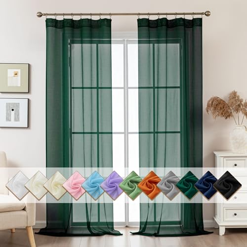 Image of Green Sheer Curtains 96 Inches Long, Privacy Semi Sheer Curtains for Living Room Bedroom, Light Filtering Rod Pocket Voile Window Drapes 2 Panels Set, Each 42 inch W x 96 inch L