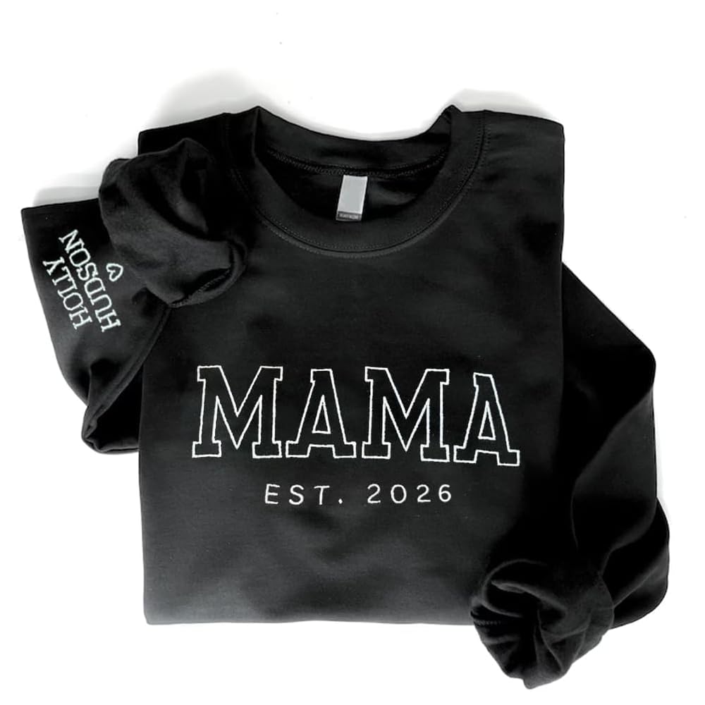 GODMERCH Personalized Embroidered Mama Sweatshirt With Kid Names On Sleeve, Mom Sweatshirt For Women, Gifts For Mommy Grandma Mothers Day Christmas,