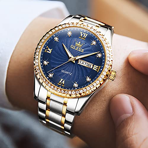 OLEVS Watch Men Blue Face Watches for Men Stainless Steel Gold and Silver Mens Diamond Watch Day Date Luxury Classic Dress Analog Business Analog Quartz Casual Mens Wrist Watch reloj de Hombre — view 3