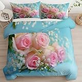 Pflanze Rosa Rose Schleierkraut Strauß Bettwäsche 240x220 cm Hellblau Kinder Teen Wendebettwäsche, Kühlende Mikrofaser Bettbezug mit Reißverschluss und Kissenbezug für Allergiker Geeignet Deckenbezug