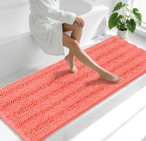 Image of Smiry Thick Chenille Bathroom Runner Rugs 70x24, Absorbent Striped Bath Mat, Machine Washable, Rubber Backing, Extra Long Bath Rugs for Tub & Shower, Modern Home Decor Accessories, Coral