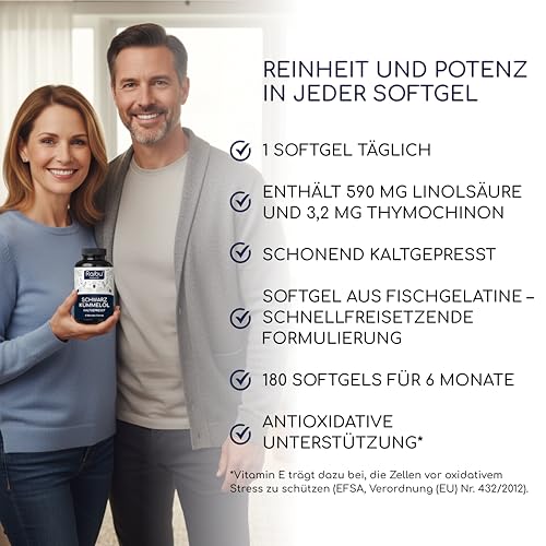 Schwarzkümmelöl Kapseln - 1000 mg pro Tag (1× täglich) - 6-Monats-Vorrat - kaltgepresst aus Nigella sativa - hoher Thymochinongehalt und Linolsäure, ergänzt mit Vitamin E - 180 Softgels
