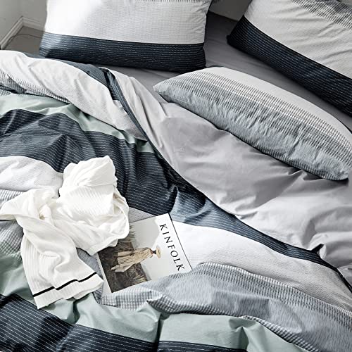 Vclife Cotton Full Queen Duvet Cover White Grey Blue Stripe Comforter Quilt & Pillow Protector Cover Sets Simple Style Geometry Bedding Sets, 1 Queen Duvet Cover 90" X 90" & 2 Pillow Shams 20" X26" #TOP7
