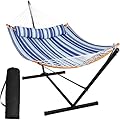 SUNCREAT Double Quilted Hammock with Stand, Outdoor Hammock with Curved-Bar Bamboo, Soft Pillow
