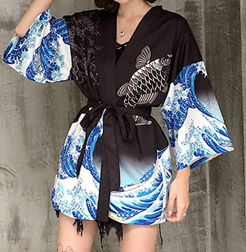 Image of LAI MENG FIVE CATS Women's Floral Print Loose Blouse Japanese Kimono Tops | Puff Sleeve,Cover up Top,Casual Cute Tops,Summer Cardigans 2026