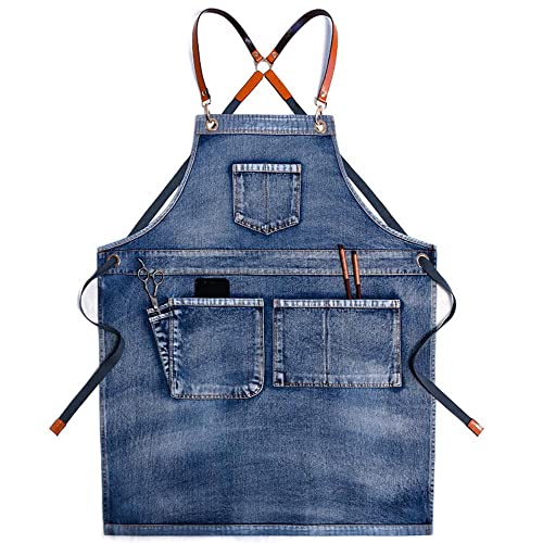 KUKUALE Delantales para Mujer Hombre con Bolsillos Delantal de Mezclilla Ropa de Trabajo para Hombres y Mujeres…