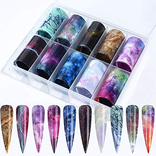 Macute Marble Nail Foils Nail Art Transfer Stickers Set of 10 Rolls Marble Stone Nail foil Transfers Holographic Starry Sky Marble Design Full Wrap Decals for Women Girl Acrylic Nail Decor Nail Art Supplies