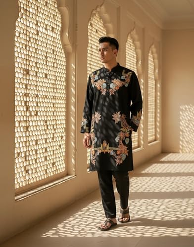 Image of Midnight Regal Embroidered Kurta Set with Polo Pants for Men Black