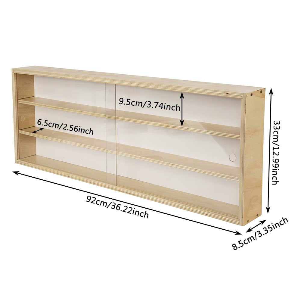 Generisch 3-stöckiger Wandschrank aus Acryl mit Tür, 90 x 30 x 8,5 cm, Glasvitrine für Sammlerstücke, durchsichtiges Hängeregal für Modelle und Autos, MDF mit Holzmaserung