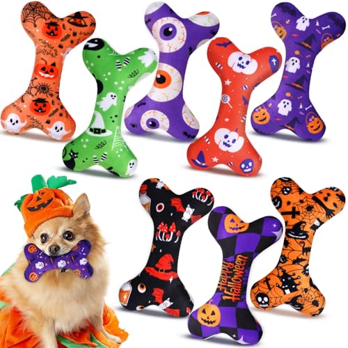 8 Pack Halloween Dog Toys Plush Squeaky Bone Shaped Funny Toys Bi...