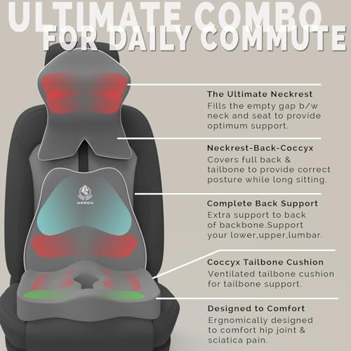 Image of MRRON Memory Foam Posture Corrector Car Seat Cushions Combo | Orthopedic Backrest, Coccyx Cushion & Neckrest | Ergonomic Lumbar Comfort Seat Cushion | Reduces Sciatica (Grey, Slim backrest)