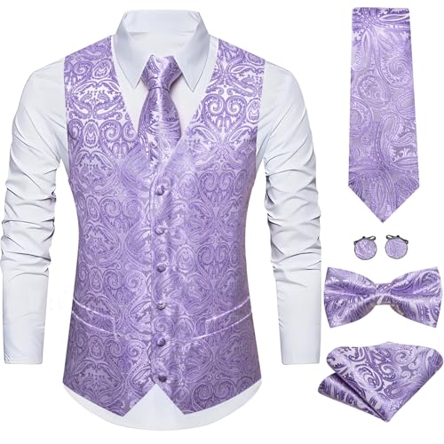 Image of Barry.Wang Men's Suit Vest Tie Bowtie Set Formal Silk Paisley Waistcoat Hanky Cufflinks Lapel Pin Set Wedding Party 7PCS