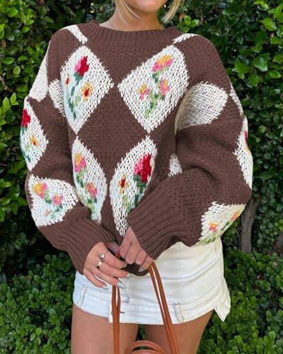 Image of ZAFUL Floral Sweaters for Women Trendy Crew Neck Long Sleeves Knitted Pullover Boho Sweater Chunky Knit Tops