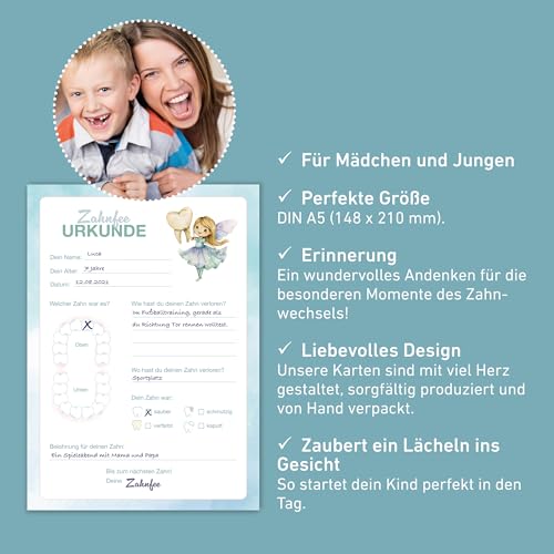 Zahnfee Urkunde (20 Stück) – Geschenk für Mädchen und Jungen – Zahn Zertifikate für die Milchzähne und Erinnerung an die ersten Zahnlücken