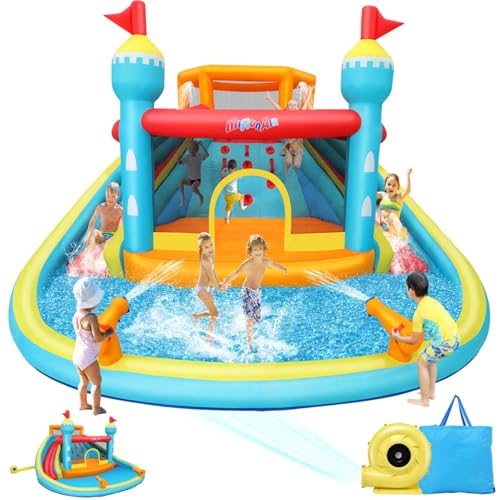 AKEYDIY Bounce House Water Slide, Inflatable Water Slide Park with with Long Slide, Pool, Climbing Wall, Water Gun for Outdoor, Blow up Water Slides Bounce House Castle for Kids Backyard Party Gifts