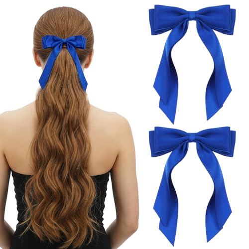 Matwsec 2PCS Blue Hair Bow Royal Blue Bows for Hair Ribbon Clip with Tails Barrettes Accessories for Women Girls Wedding Dress Decor
