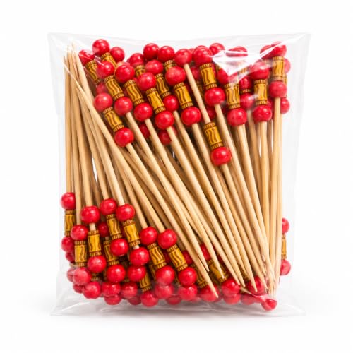 Image of Somani Decorative Bamboo Cocktail Picks Red Bead | Carved Double Ball Topper Fancy Food Picks for Appetizers, Drinks & Garnish | Cafe, Lounge, Bakery, Catering & Home Entertaining | Pack of 100