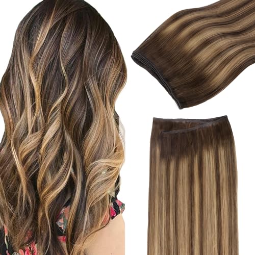 Image of GOO GOO Sew in Hair Extensions Real Human Hair, Weft Hair Extensions Human Hair, 4 /27 /4 Balayage Chocolate Brown to Caramel Blonde 24inch 120g, Weft Bundles Straight Silky Remy Hair