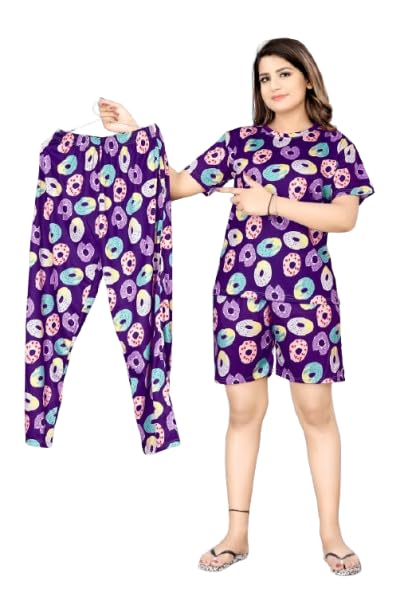 S K_Trading 3 Pcs for Women Printed Co-Ords Set Night Suit and Night Dress T-Shirt Pyjama Combo Night Dress2 Parent-image-26
