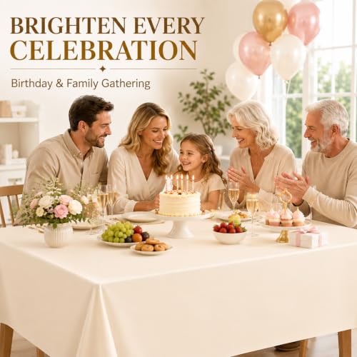 Image of WNINK 4 Pack Ivory Plastic Tablecloths, 54 x 108 Inch Disposable Covers | Ideal for Weddings, Bridal Showers, Baby Showers and Birthdays, Helping Protect Tabletops from Spills and Simplify Cleanup