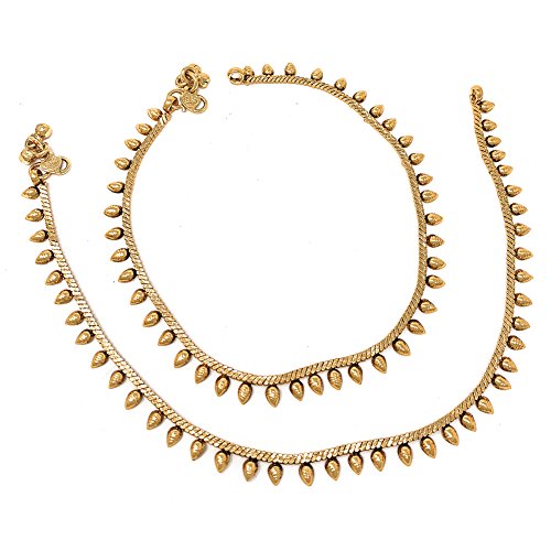 Image of Duel On Jewel Gold Payal Set for Women, Indian Paayal Jhanjar Chain Anklets with Bell Detail, Foot Jewelry Pair, 10 Inch Comfort Fit, Traditional & Dainty Styles for Wedding Beach Everyday Gift