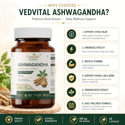 Image of Ashwagandha Root Extract Capsules | Withania Somnifera Root Extract | Herbal Supplement | Supports Strength, Stamina, Energy, Sleep & Overall Vitality - Pack of 2(120 Capsules)
