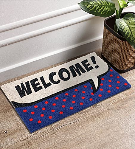 Image of Onlymat inchWelcome with Polka Dots Coir Doormat, Anti-Slip PVC Backing, Rectangular (75x45cm), Multicolor - for Entryway, Outdoor, Home, Floor, Door, Hall & Living Room Use