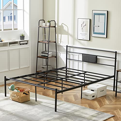 buybyroom Doppelbett Metallbett Bettgestell mit Polstermöbel Kopfteil Robuste Lattenrost Bettrahmen für Kinderzimmer Gästezimmer Schlafzimmer, Schwarz Cover