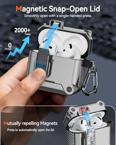 Image of Dual Safety Lock for AirPods 4 Case 2024, Compatible with MagSafe - Designed with Automatic Switch and Phone Stand, Includes a Cleaner & Keychain - Rugged Tough Hard Shell for Apple AirPods 4