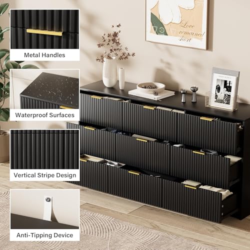 Image of Furniway 3 Piece Bedroom Set, 9 Drawer Dresser and Nightstand Set of 2 with Gold Handles, Modern Wood Chest of Drawers Storage Cabinet for Bedroom, Black