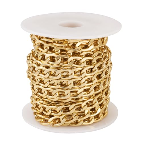 Beadthoven - Cadenas de aluminio de 16.4 pies para hacer joyas, eslabones trenzados ovalados de 6 mm de ancho, cadenas de eslabones cruzados ovalados, sin soldar, metal dorado, carrete de eslabones