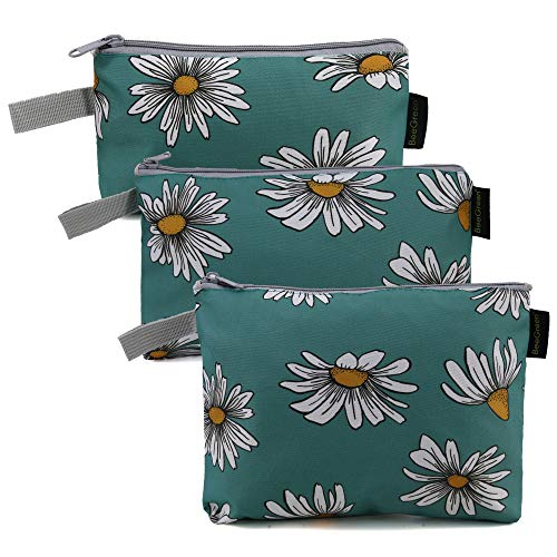 Daisy Cosmetic Travel Bag 3 Pack Lightweight Durable Makeup Storage Pouches w Zip Fabric Ripstop Nylon Toiletry Organizer Bags for Purse Pretty Flower Print Teal Blue