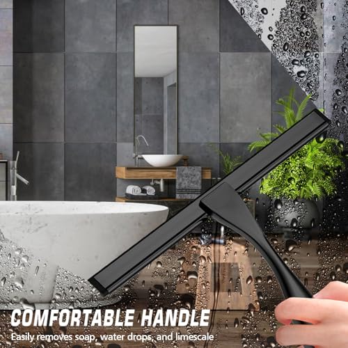 Image of Stainless Steel Shower Squeegee for Glass, Includes 3 Adhesive Hooks, Shower Door Squeegee for Bathroom, Household Window, Car Windshield, Mirrors, Tiles Scrubber Clear, 12 inch Black