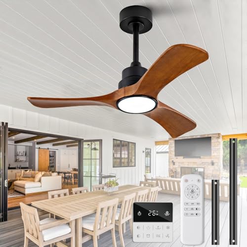 OMYU 36 Inch Ceiling Fans with Lights and Remote Control Wall Switch Solid Wood Blades Dimmable Reversible Quiet DC Motor Power Off Memory Modern Black OUtdoor Indoor Ceiling Fan for Bedroom Patios