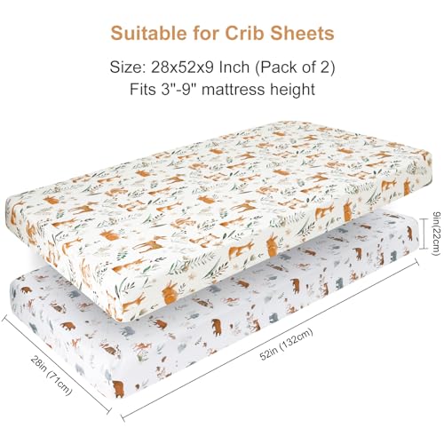 Image of PHF Soft Crib Sheet Fitted, 2 Pack Baby Sheets for Boys Girls, 28x52x9in Fits Standard Crib and Toddler Mattresses, Silky Comfy Breathable Polyester Baby Mattress Sheets, Woodland