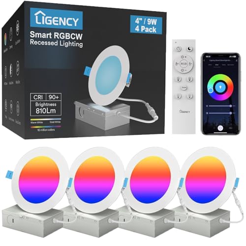 Ligency Smart Recessed Lighting 4 Inch, 9W Ultra-Thin Wi-Fi LED Downlight RGBCW Color Changing Ceiling Light Compatible with Alexa & Google Assistant with Junctio Box, 810 Lumen, 4-Pack