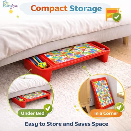 Image of Lightweight Multipurpose & Portable Plastic Table with Side Storage - Bed Tray, Study Desk, Breakfast & Eating Table for Kids (Red)